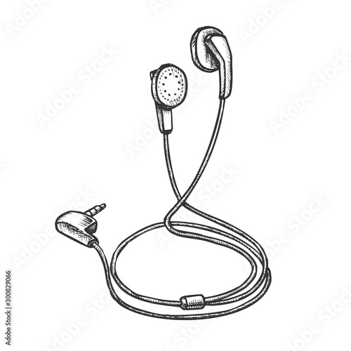 Stereo Earphone Digital Gadget Monochrome Vector. Modern Audio Earphone. Portable Music Accessory Headphones Engraving Concept Template Hand Drawn In Vintage Style Black And White Illustration