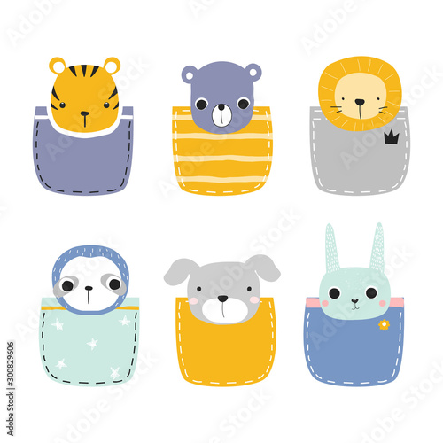 Set of funny pocket animals. Kids fashion print. Vector hand drawn illustration.