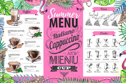 Hand drawing summer menu design with flamingo and tropic leaves. Restaurant menu