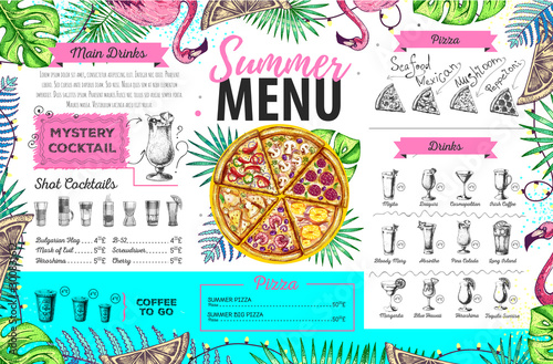 Hand drawing summer menu design with flamingo and tropic leaves. Restaurant menu