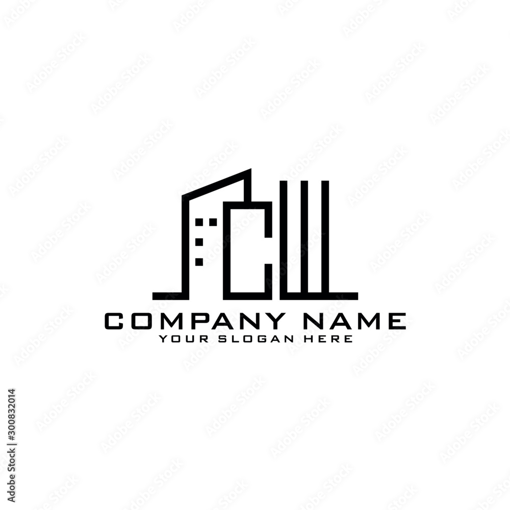 Letter CW With Building For Construction Company Logo