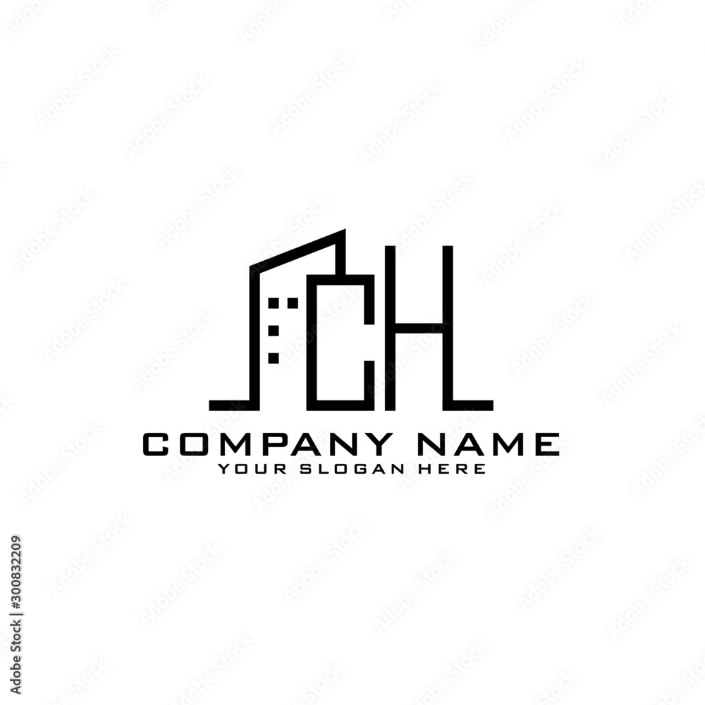 Letter CH With Building For Construction Company Logo