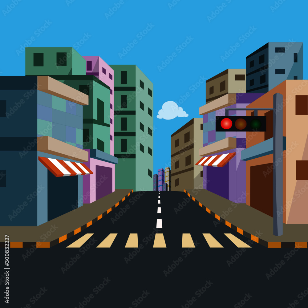 City Street with Traffic Signal Background - Cartoon Vector Image