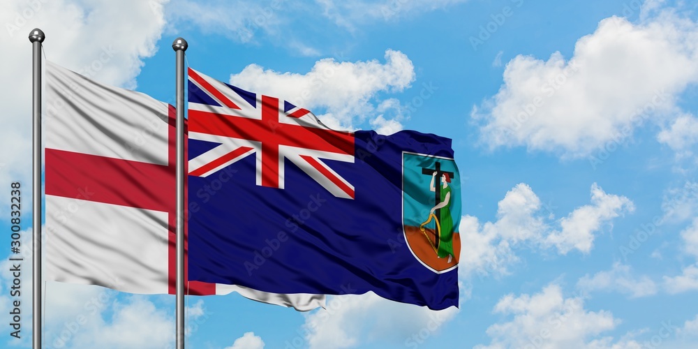 England and Montserrat flag waving in the wind against white cloudy blue sky together. Diplomacy concept, international relations.