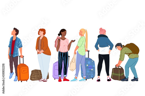 Queue at railway ticket office, waiting for departure, going on trip concept