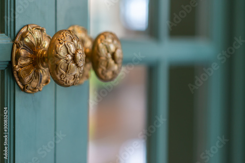 Classic retro brass door knob on green door vintage decoration retro interior style