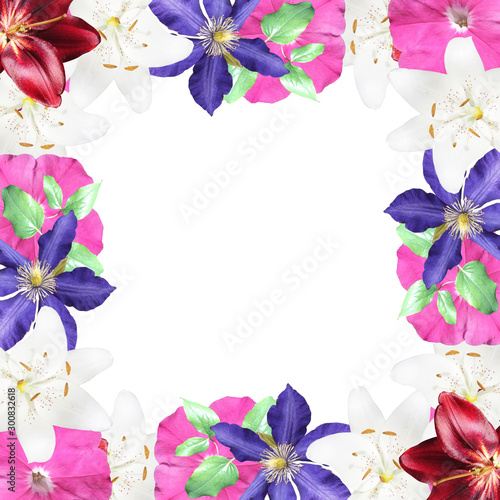 Beautiful floral background of clematis, lilies and petunias. Isolated © Ann-Mary