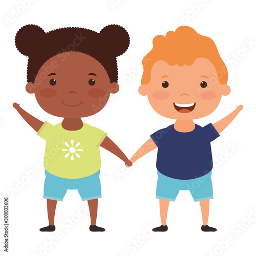 cute little interracial kids couple comic characters