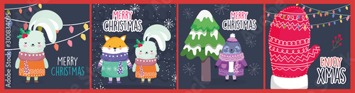 merry christmas celebration cute rabbit fox seal with sweater tree glove snow