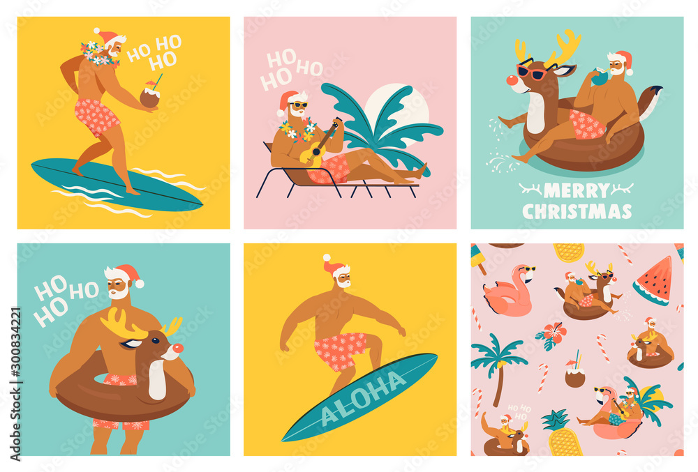 Christmas seamless set of card and pattern with cute funny Santa Claus animals with reindeer and flamingo inflatable ring. Tropical Christmas. Vector illustration.
