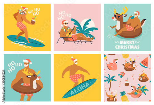 Christmas seamless set of card and pattern with cute funny Santa Claus animals with reindeer and flamingo inflatable ring. Tropical Christmas. Vector illustration.