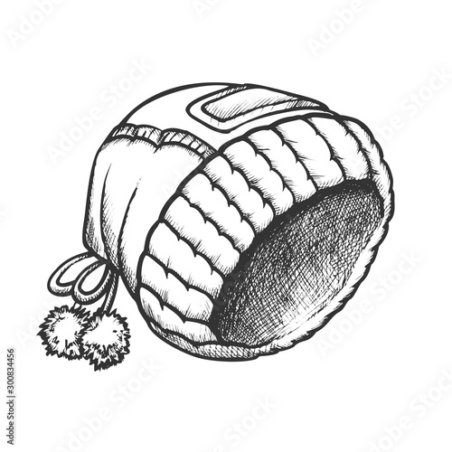 Winter Cap With Fluffy Pompons Monochrome Vector. Oversize Baggy Ski Cap Clothing Accessory. Slouchy Beanie Engraving Concept Template Designed In Vintage Style Black And White Illustration