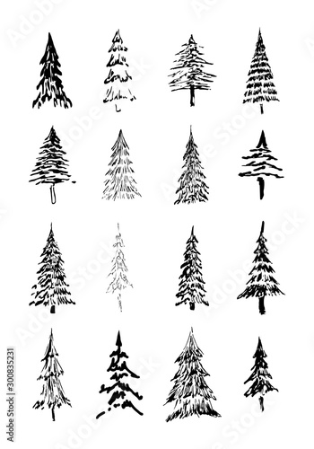 set of hand drawn christmas tree 