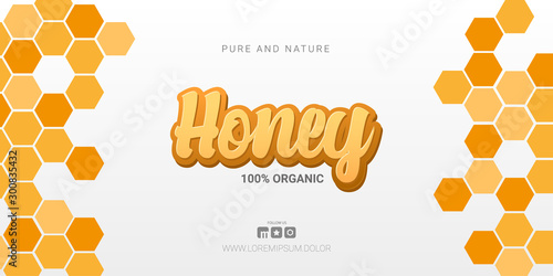 Fresh Organic Honey banner with honeycombs background.