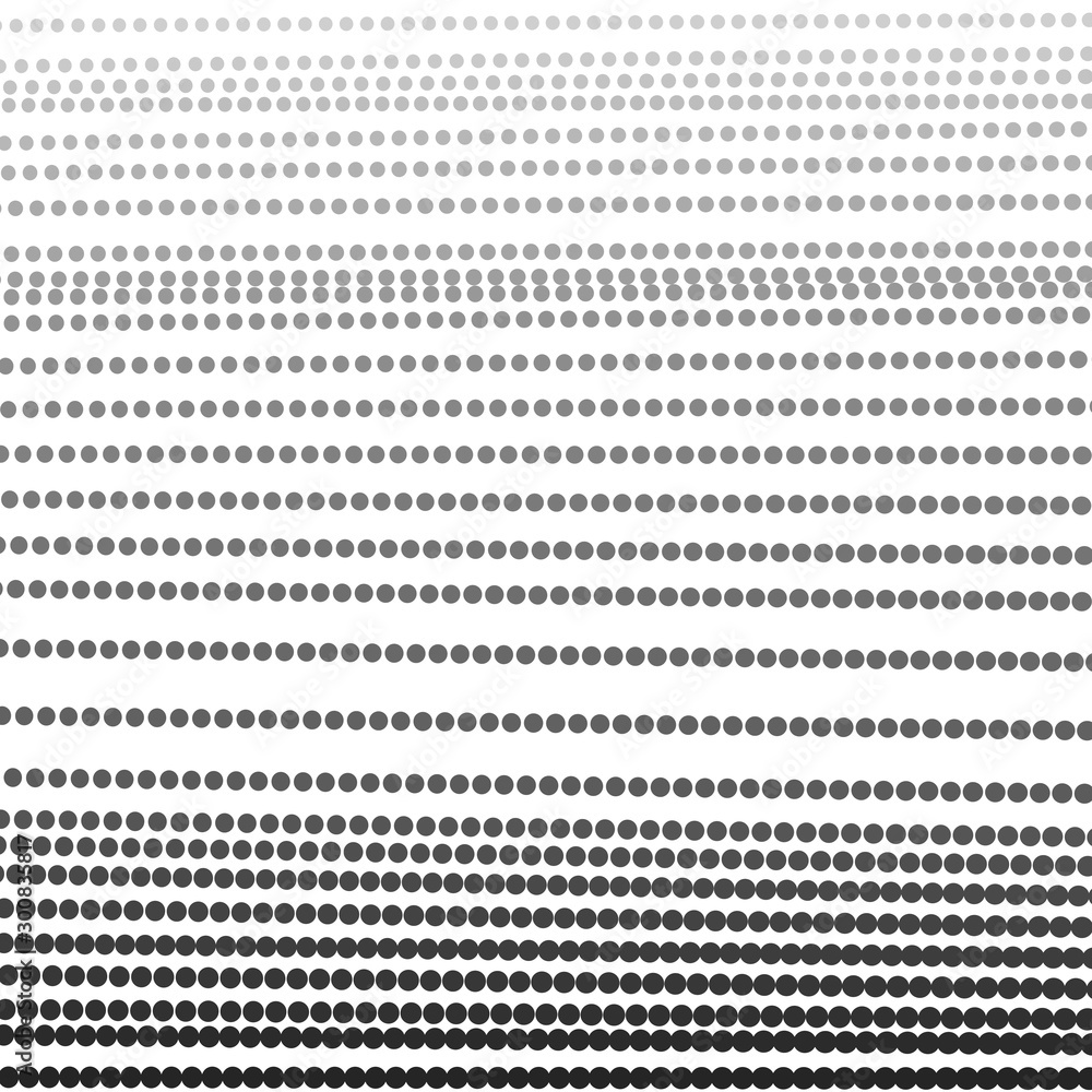 Horizontal dotted straight lines. Vector gradient strips. Black, gray spots, white background. Halftone pattern. Abstract monochrome op art design. Digital graphic. Tech concept. EPS10 illustration Horizontal dotted straight lines. Vector gradient strips. Black, gray spots, white background. Halftone pattern. Abstract monochrome op art design. Digital graphic. Tech concept. EPS10 illustration