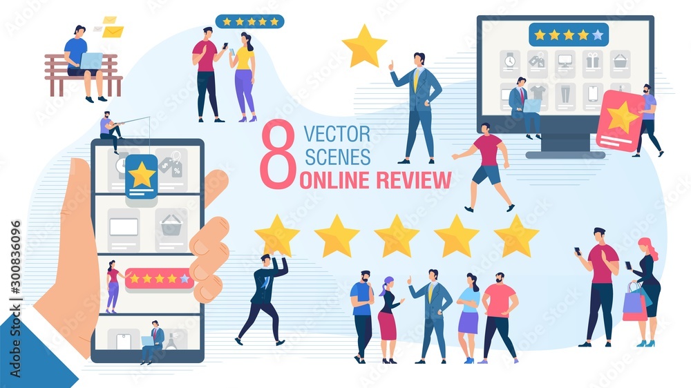 Client Online Review Flat Vector Concept Set