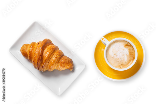 cup of coffee and croissants isolated on white background
