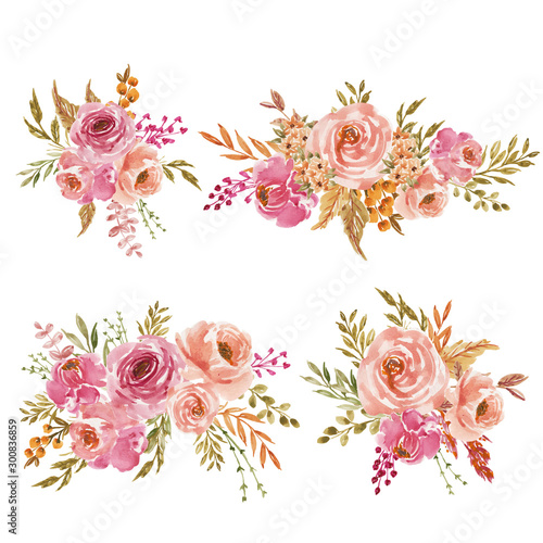 a set of pink and peach watercolor flowers arrangement or bouquet for wedding invitation