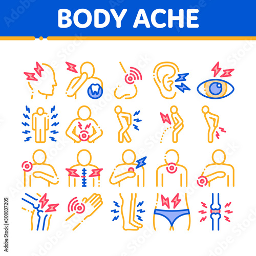 Body Ache Collection Elements Icons Set Vector Thin Line. Headache And Toothache, Backache And Arthritis, Stomach And Muscle Ache, Eye And Foot Pain Linear Pictograms. Color Contour Illustrations