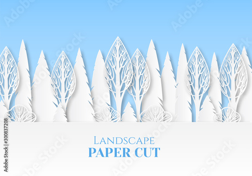 Winter landscape with snowy trees. Bushes and trees in the snow. Paper cut poster with place for text. Park panorama