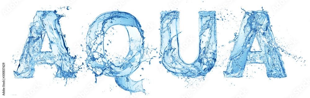 word aqua made of water splash letters isolated on white background - obrazy, fototapety, plakaty 
