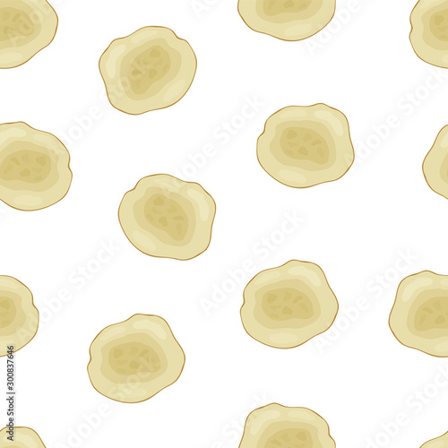 Seamless food vector pattern. Cartoon hand drawn ginger slices on white background. Flat illustration for textile, wallpaper, wrapping paper, cosmetics, packaging for face masks. Color fresh vegetable