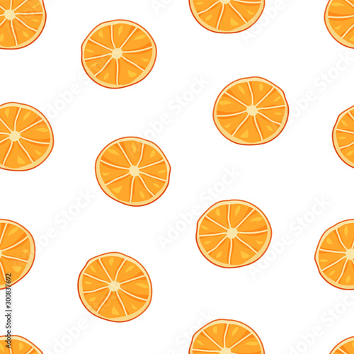 Seamless food vector pattern. Cartoon hand drawn slices of orange on white background. Flat illustration for textile, wallpaper, wrapping paper, cosmetics, pack for face masks. Color tropical fruit