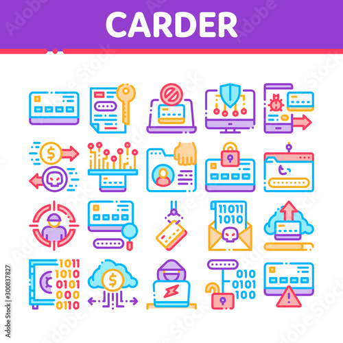 Carder Hacker Collection Elements Icons Set Vector Thin Line. Carder Silhouette And Smartphone, Bug And Fraud Virus, Laptop And Card Concept Linear Pictograms. Color Contour Illustrations