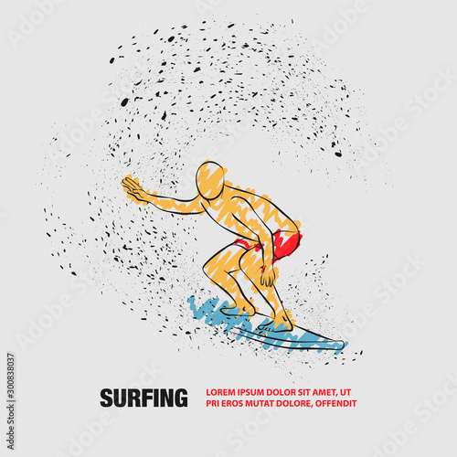 Surfer under the wave. Vector outline of surfing with scribble doodles.