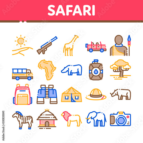 Safari Travel Collection Elements Icons Set Vector Thin Line. Animal And Africa, Car And Tree, Human Silhouette And Hat Safari Adventure Concept Linear Pictograms. Color Contour Illustrations