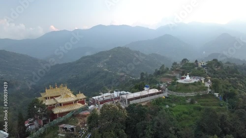Ancient buddhist monastery in Himalayas Nepal from air