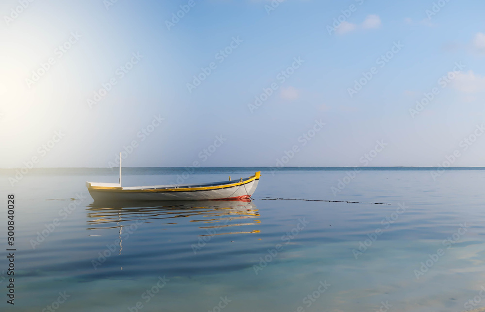 Fototapeta premium A small boat is responsible for serving tourist or lover to do marine activities. It's not yet installed the engine parked at the beach on the day with clear sky, calm waves, Maafushi Island, Maldives