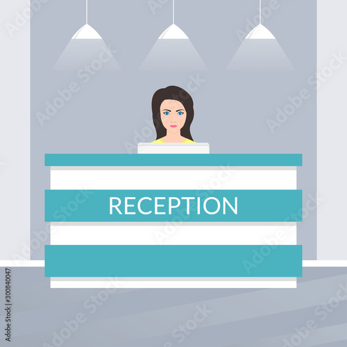 Reception desk with female receptionist. Office, hospital, medical clinic lobby interior design. Vector illustration.
