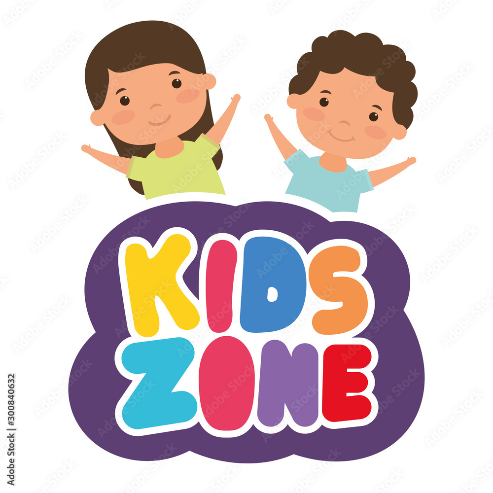 cute little children couple with kids zone lettering cute little children couple with kids zone lettering