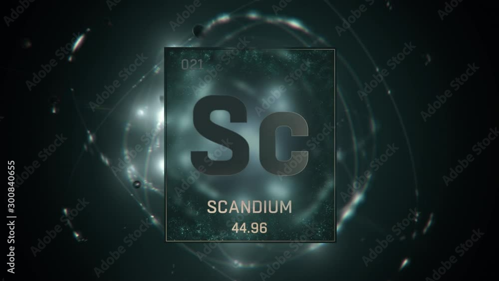 Scandium as Element 21 of the Periodic Table. Seamlessly looping 3D animation on green illuminated atom design background with orbiting electrons. Design shows name, atomic weight and element number Scandium as Element 21 of the Periodic Table. Seamlessly looping 3D animation on green illuminated atom design background with orbiting electrons. Design shows name, atomic weight and element number