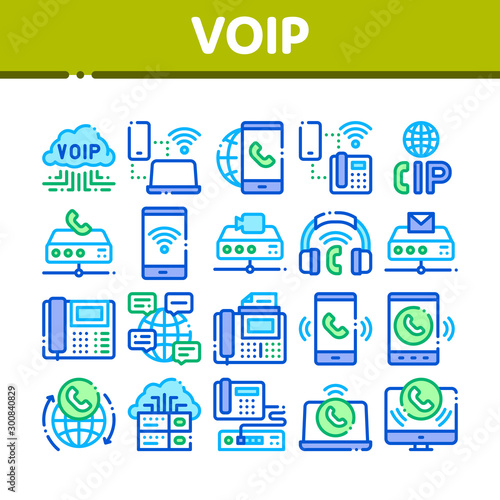 Voip Calling System Collection Icons Set Vector Thin Line. Server For Voice Ip And Cloud, Smartphone And Phone, Wifi Mark And Headphones Concept Linear Pictograms. Color Contour Illustrations