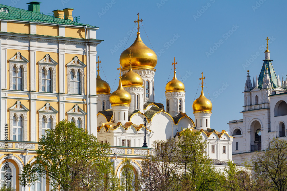 Cathedral of the Annunciation on the territory of Moscow Kremlin in sunny spring morning. Moscow Kremlin is a famous touristic landmark in Moscow downtown