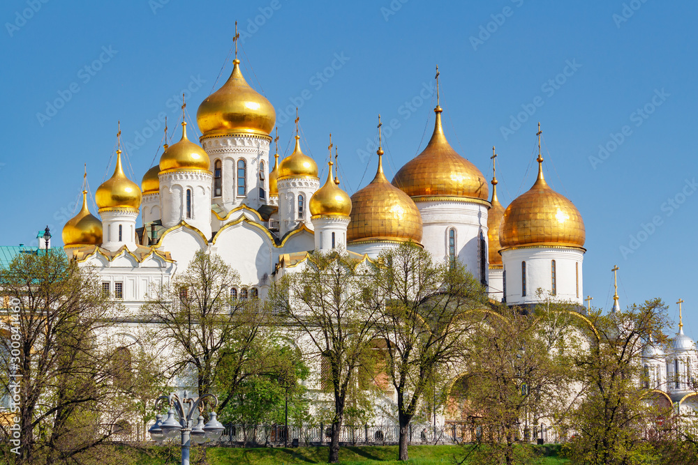 View of orthodox churches with white walls of Moscow Kremlin against green trees in sunny spring morning View of orthodox churches with white walls of Moscow Kremlin against green trees in sunny spring morning