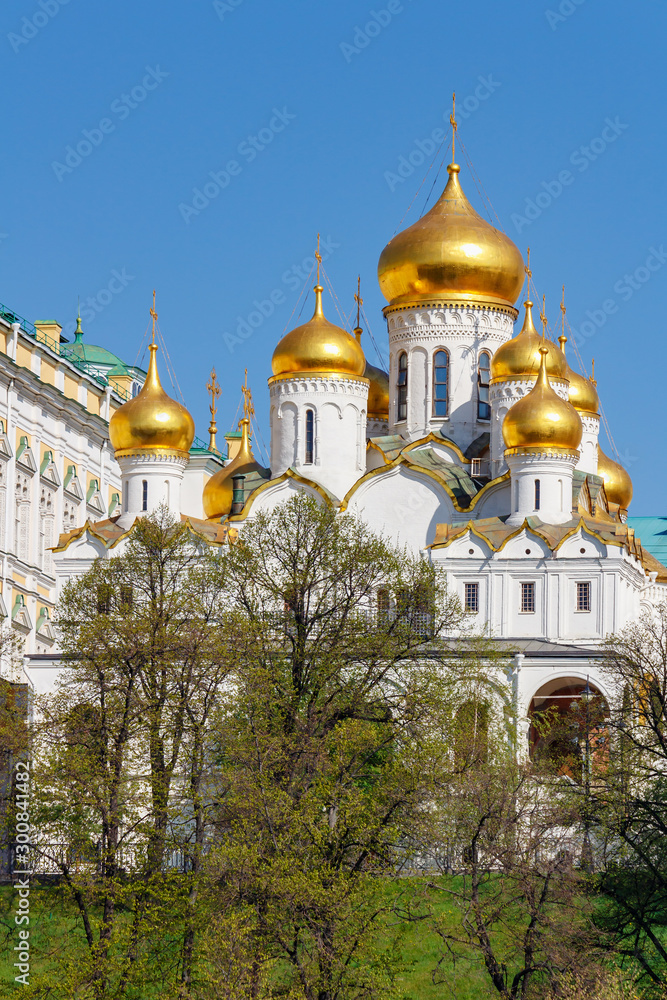 Cathedral of the Annunciation against green trees and blue sky. Moscow Kremlin in sunny spring morning