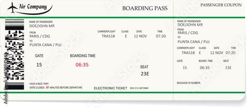 Airline boarding pass. Green ticket isolated on white background. Vector illustration