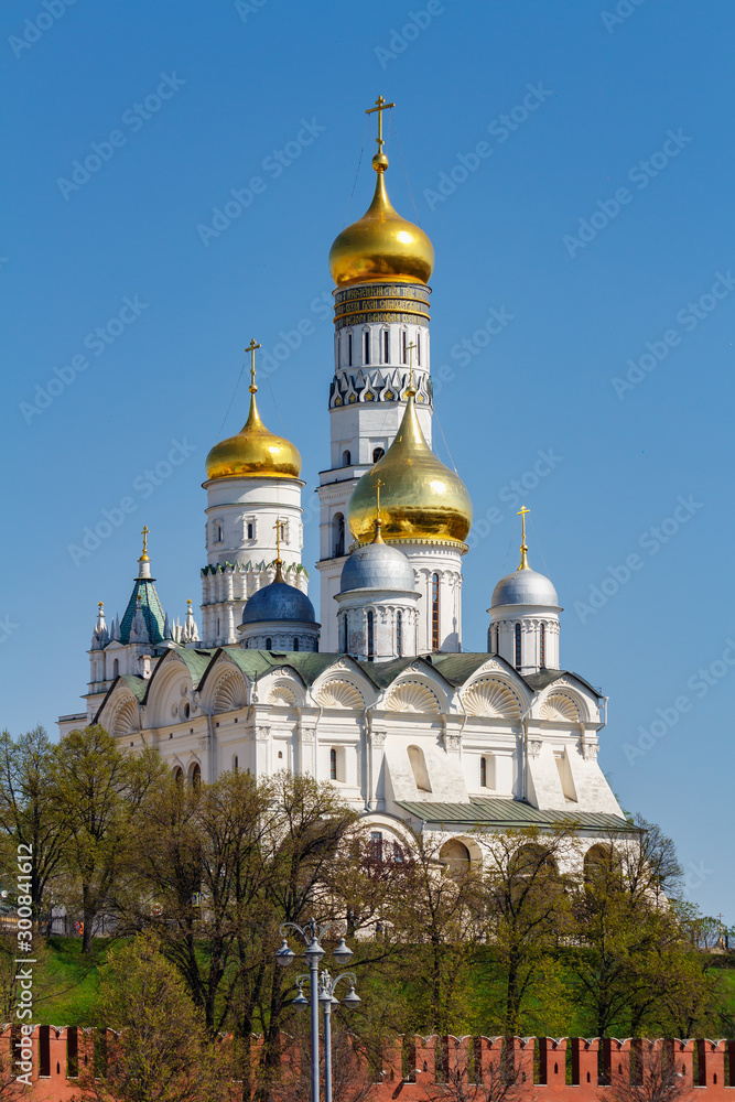 Cathedral of the Archangel and Ivan the Great Bell-Tower against Moscow Kremlin wall in sunny spring morning