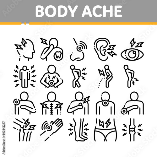 Body Ache Collection Elements Icons Set Vector Thin Line. Headache And Toothache, Backache And Arthritis, Stomach And Muscle Ache, Eye And Foot Pain Linear Pictograms. Monochrome Contour Illustrations