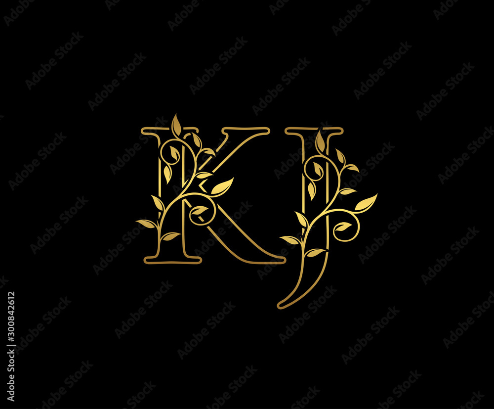 Golden letter K and J, KJ vintage decorative ornament emblem badge