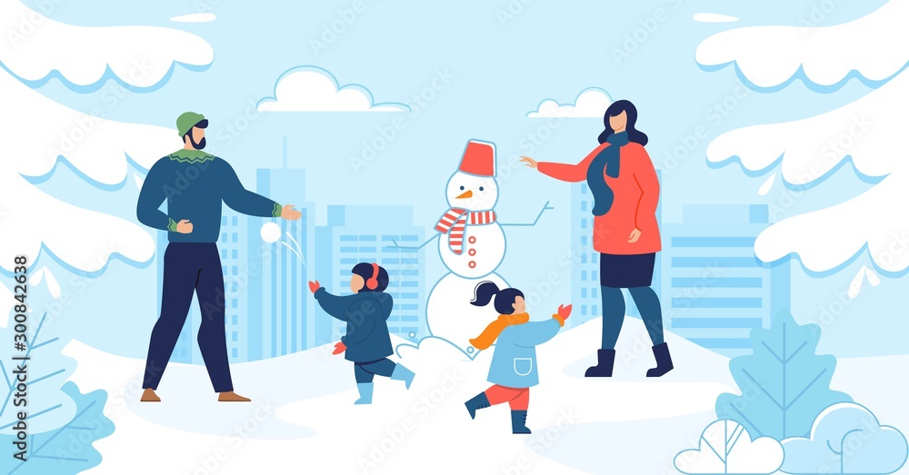 Mom and Dad with Kids Enjoy Winter Fun Together