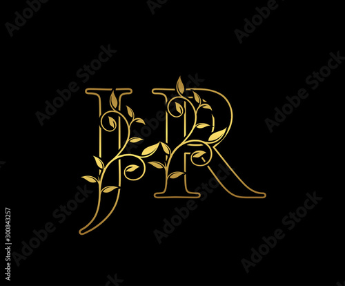 Classy letter J and R, JR  vintage decorative ornament emblem badge, overlapping monogram logo, elegant luxury gold color on black background.
