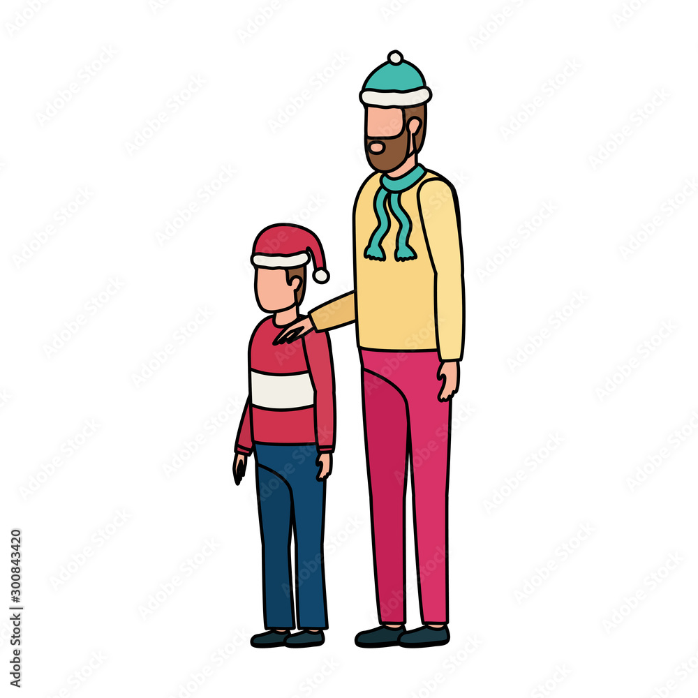 father and son with christmas hats characters father and son with christmas hats characters