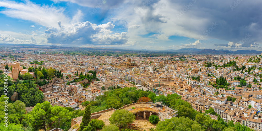 Alhambra. Panoramic views of the mountains and the old city from the observation deck of Alcazaba. Granada, Andalusia, Spain