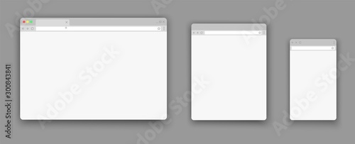 Blank web browser windows for different devices. Website flat template. Empty computer laptop tablet phone monitor. Web site different window.