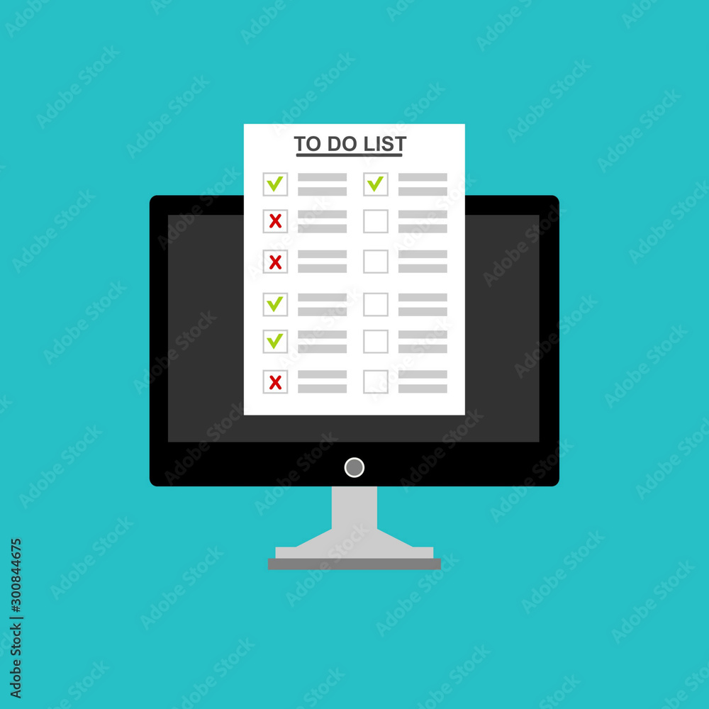 Laptop with To do list or planning icon concept. Paper sheets with check marks, abstract text and marker. Vector flat illustration isolated on color background Laptop with To do list or planning icon concept. Paper sheets with check marks, abstract text and marker. Vector flat illustration isolated on color background