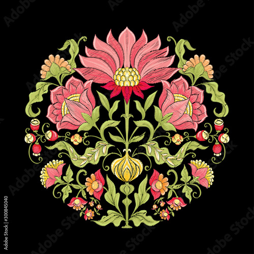 Tradition mughal motif, fantasy flowers in retro, vintage style. Element for design. Embroidery imitation. Vector illustration. Isolated on black background